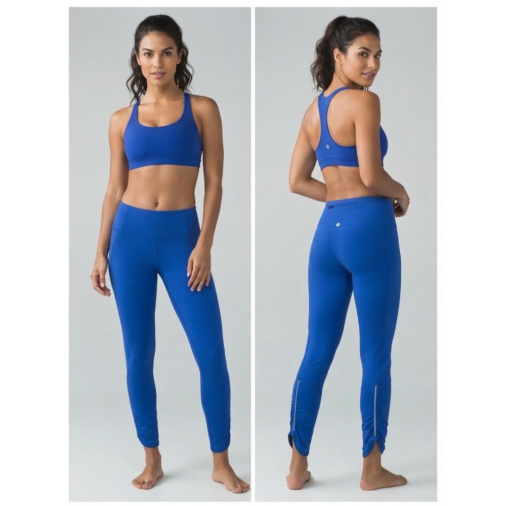 Lululemon Run Inspire Crop II Blue Leggings Ruched Reflective Size 6 Yoga